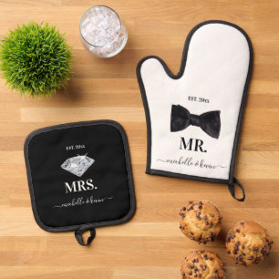 Ensemble De Gant De Cuisine Et De Manique M. & Mme Mariage Noir & Blanc