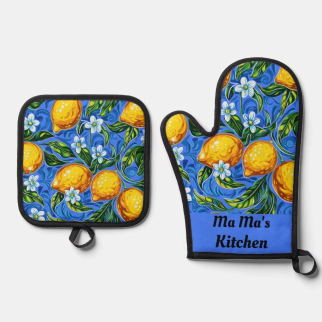 Ensemble De Gant De Cuisine Et De Manique Ma Ma's Kitchen bleu et jaune (Recto)