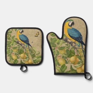 Ensemble De Gant De Cuisine Et De Manique Macaw Blue Jaune Tropical Jungle Antique