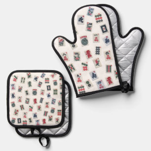 Ensemble De Gant De Cuisine Et De Manique MahJong tuiles et symboles motif