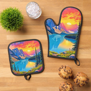 Ensemble De Gant De Cuisine Et De Manique Majesté du lac de montagne au coucher du soleil