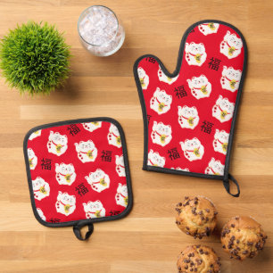 Ensemble De Gant De Cuisine Et De Manique Maneki Neko Cute Lucky Chat en rouge