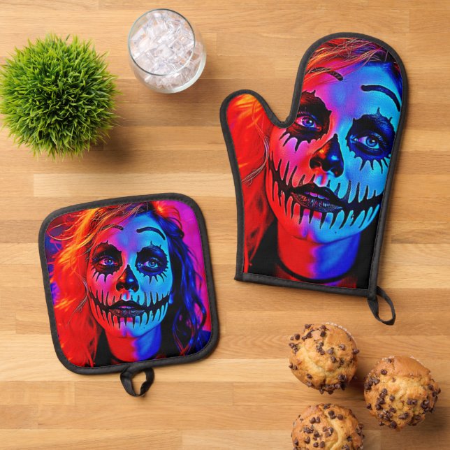 Ensemble De Gant De Cuisine Et De Manique Maquillage d'Halloween (De haut en bas)