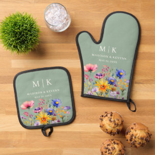 Ensemble De Gant De Cuisine Et De Manique Mariage Fleur sauvage Elegant Boho