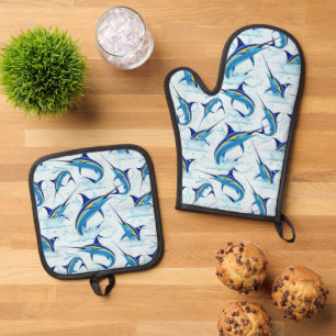 Ensemble De Gant De Cuisine Et De Manique Marlin Bleu Jaillissant de l'Océan