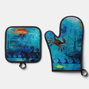 Ensemble De Gant De Cuisine Et De Manique Mer Noire vintage Bleue Profond