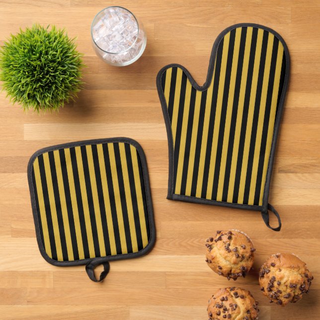 Ensemble De Gant De Cuisine Et De Manique Metallic Gold and Black Functional Stylish (De haut en bas)