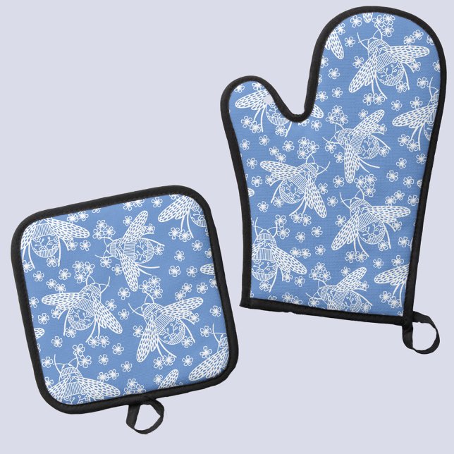 Ensemble De Gant De Cuisine Et De Manique Miel Bee Blue (Bee pattern blue and white  kitchen oven mitt and pot holder)