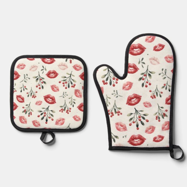 Ensemble De Gant De Cuisine Et De Manique Mistletoe Kisses  (Recto)