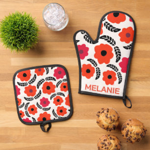 Ensemble De Gant De Cuisine Et De Manique Moderne Orange et Flore Rouge Personnalisé
