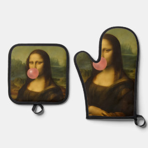 Ensemble De Gant De Cuisine Et De Manique Mona Lisa soufflant de bulle rose