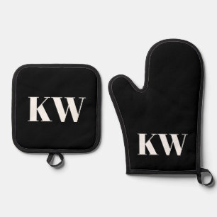 Ensemble De Gant De Cuisine Et De Manique Monogramme initial personnalisé moderne noir blanc
