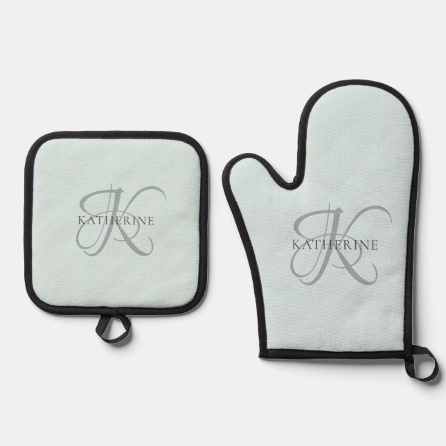 Ensemble De Gant De Cuisine Et De Manique Monogramme moderne élégant Script Aqua Blue (Recto)