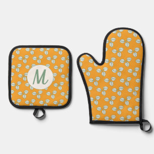 Ensemble De Gant De Cuisine Et De Manique Monogramme Motif orange et feuille blanche moderne