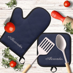 Ensemble De Gant De Cuisine Et De Manique Monogramme Nom uni clair Marine bleu couleur