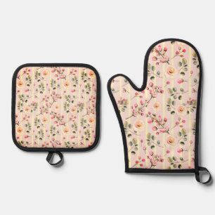 Ensemble De Gant De Cuisine Et De Manique Motif à rayures florales rose pâle