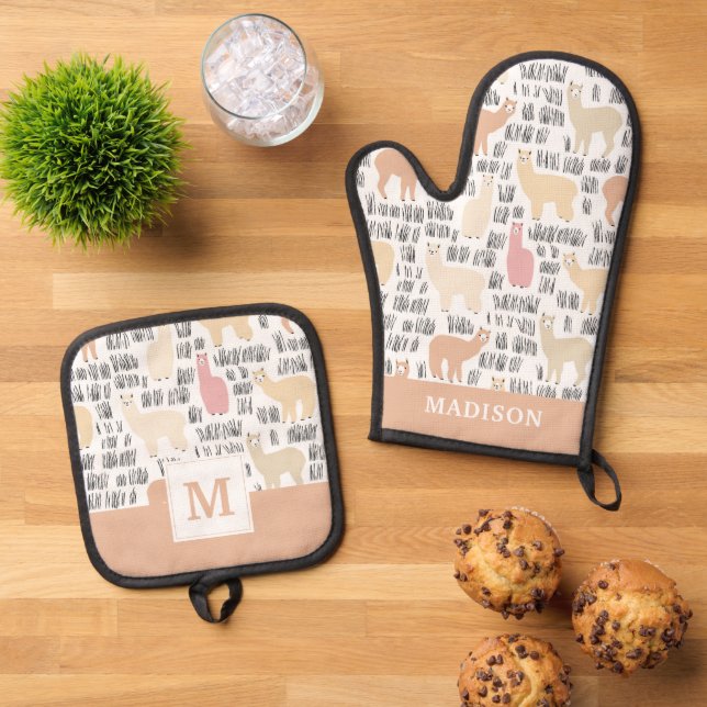 Ensemble De Gant De Cuisine Et De Manique Motif Alpacas (De haut en bas)