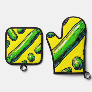 Ensemble De Gant De Cuisine Et De Manique Motif Art Pop Néon Courgette