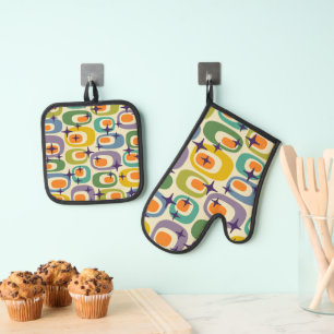 Ensemble De Gant De Cuisine Et De Manique Motif atomique moderne du milieu du siècle