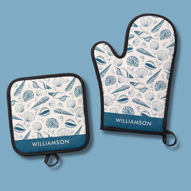 Ensemble De Gant De Cuisine Et De Manique Motif Blue Seashell (blue and white coastal seashell oven glove mitt and pot holder)
