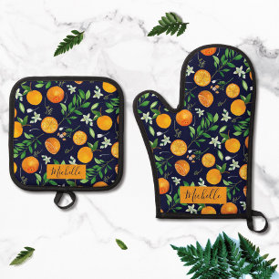Ensemble De Gant De Cuisine Et De Manique Motif botanique floral d'été aux agrumes orange