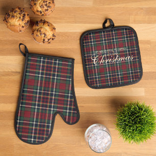 Ensemble De Gant De Cuisine Et De Manique Motif carreaux rouge foncé vert classique
