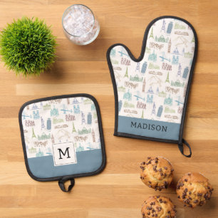 Ensemble De Gant De Cuisine Et De Manique Motif célèbre de monuments