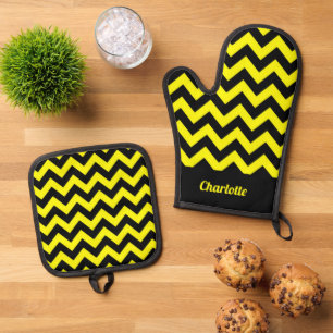 Ensemble De Gant De Cuisine Et De Manique Motif chevron jaune et noir personnalisable