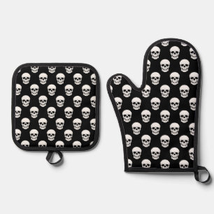 Ensemble De Gant De Cuisine Et De Manique Motif crâne noir et blanc Halloween