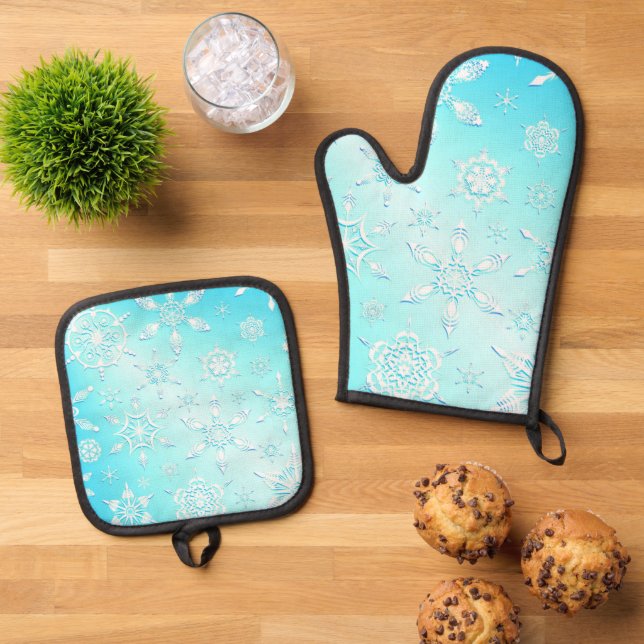 Ensemble De Gant De Cuisine Et De Manique Motif Crystal Snowflakes (De haut en bas)