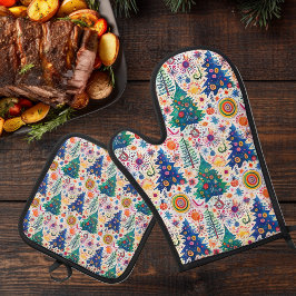 Ensemble De Gant De Cuisine Et De Manique Motif d'arbre festif coloré