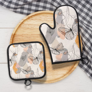 Ensemble De Gant De Cuisine Et De Manique Motif d'art de la ligne des papillons