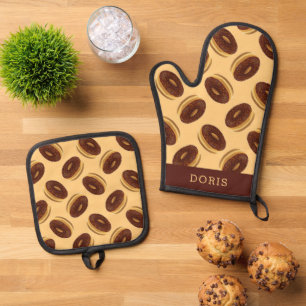 Ensemble De Gant De Cuisine Et De Manique Motif de beignes marron chocolat