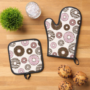 Ensemble De Gant De Cuisine Et De Manique Motif De Donuts, Donuts Roses, Donuts Brown