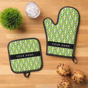 Ensemble De Gant De Cuisine Et De Manique Motif de feuille, feuilles vertes, votre nom