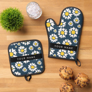 Ensemble De Gant De Cuisine Et De Manique Motif de marguerite, marguerites blanches, Votre n