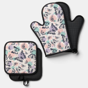 Ensemble De Gant De Cuisine Et De Manique Motif de papillons colorés rétro.