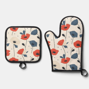 Ensemble De Gant De Cuisine Et De Manique Motif de Poppies d'aquarelle - Rouge, Bleu et Blan