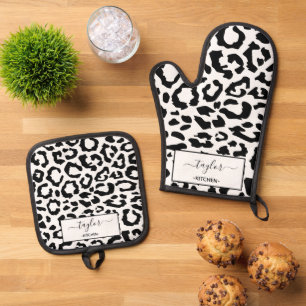 Ensemble De Gant De Cuisine Et De Manique Motif de Poster de animal noir et blanc Leopard Sp