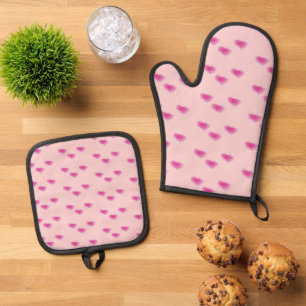Ensemble De Gant De Cuisine Et De Manique Motif des coeurs rayés roses