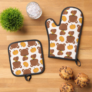 Ensemble De Gant De Cuisine Et De Manique Motif D'Ours, Ours Mignons, Automne, Citrouille