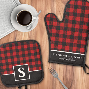 Ensemble De Gant De Cuisine Et De Manique Motif écossais rouge et noir de Buffalo Monogrammé