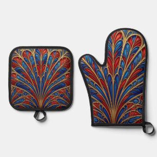 Ensemble De Gant De Cuisine Et De Manique Motif éventail paon orné rouge bleu or royal