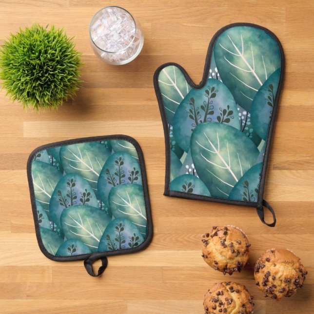 Ensemble De Gant De Cuisine Et De Manique Motif Feuille Artsy Green (De haut en bas)