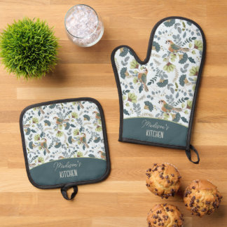 Ensemble De Gant De Cuisine Et De Manique Motif Fleur Et Oiseaux Bohème Rétro Nom