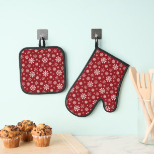 Ensemble De Gant De Cuisine Et De Manique Motif flocon de neige classique rouge et blanc pou