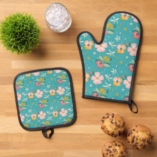 Ensemble De Gant De Cuisine Et De Manique Motif floral aux couleurs pastel