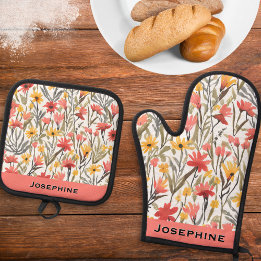 Ensemble De Gant De Cuisine Et De Manique Motif floral moderne