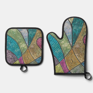 Ensemble De Gant De Cuisine Et De Manique Motif géométrique abstrait coloré à lignes courbes