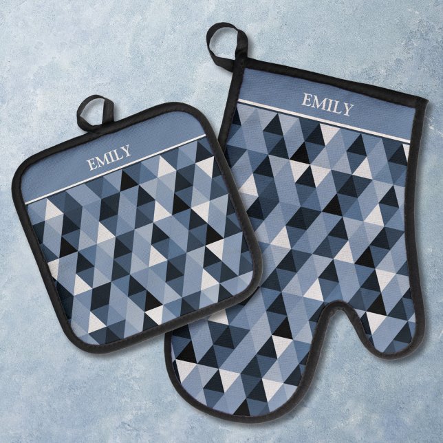 Ensemble De Gant De Cuisine Et De Manique Motif géométrique bleu personnalisé (Créateur téléchargé)